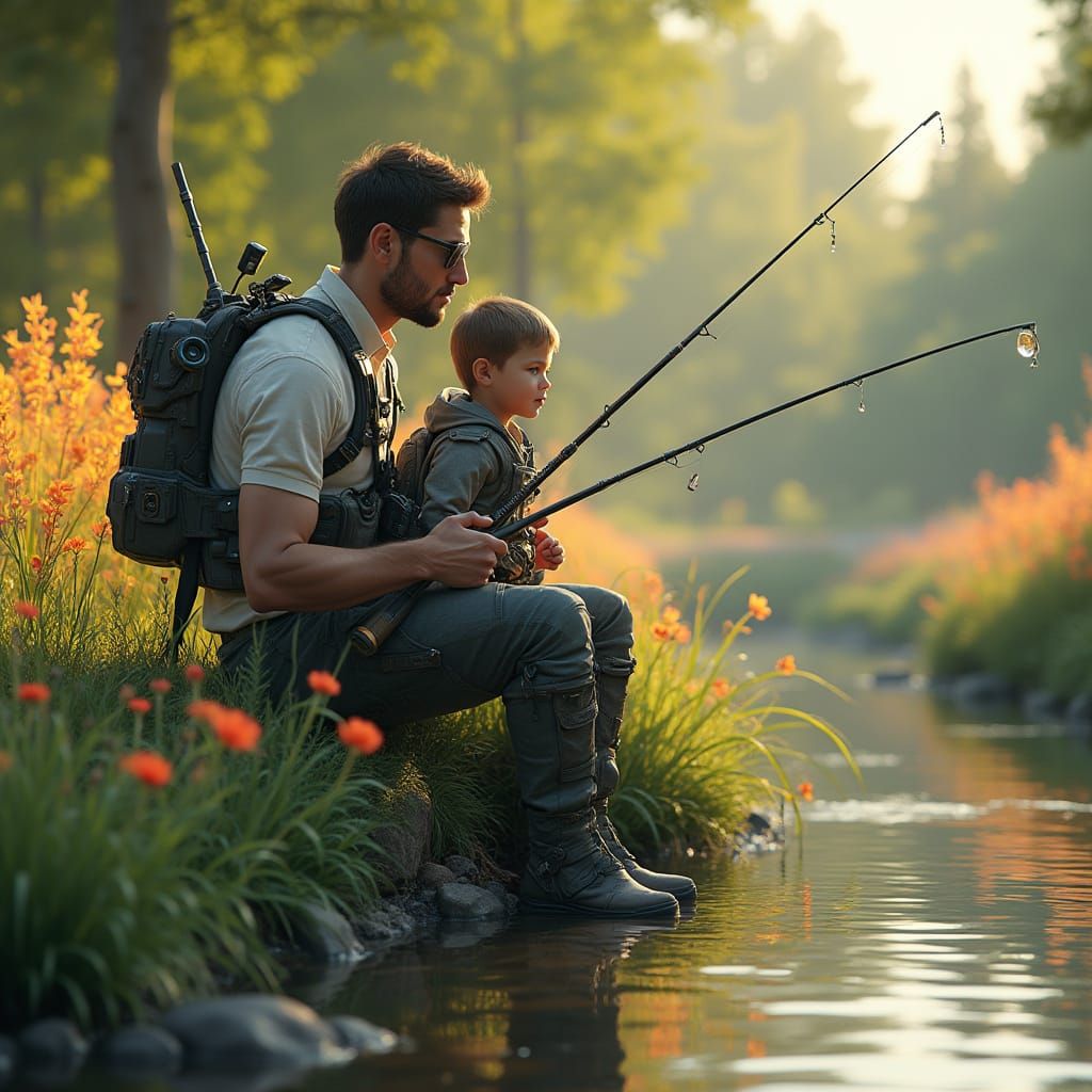 Futuristic Father and Son Fishing in Summer
