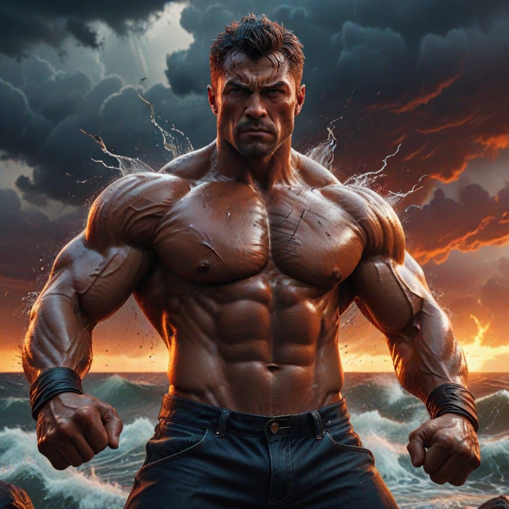 Cyberpunk Action Hero Poses with Fists Raised Against a Stor...