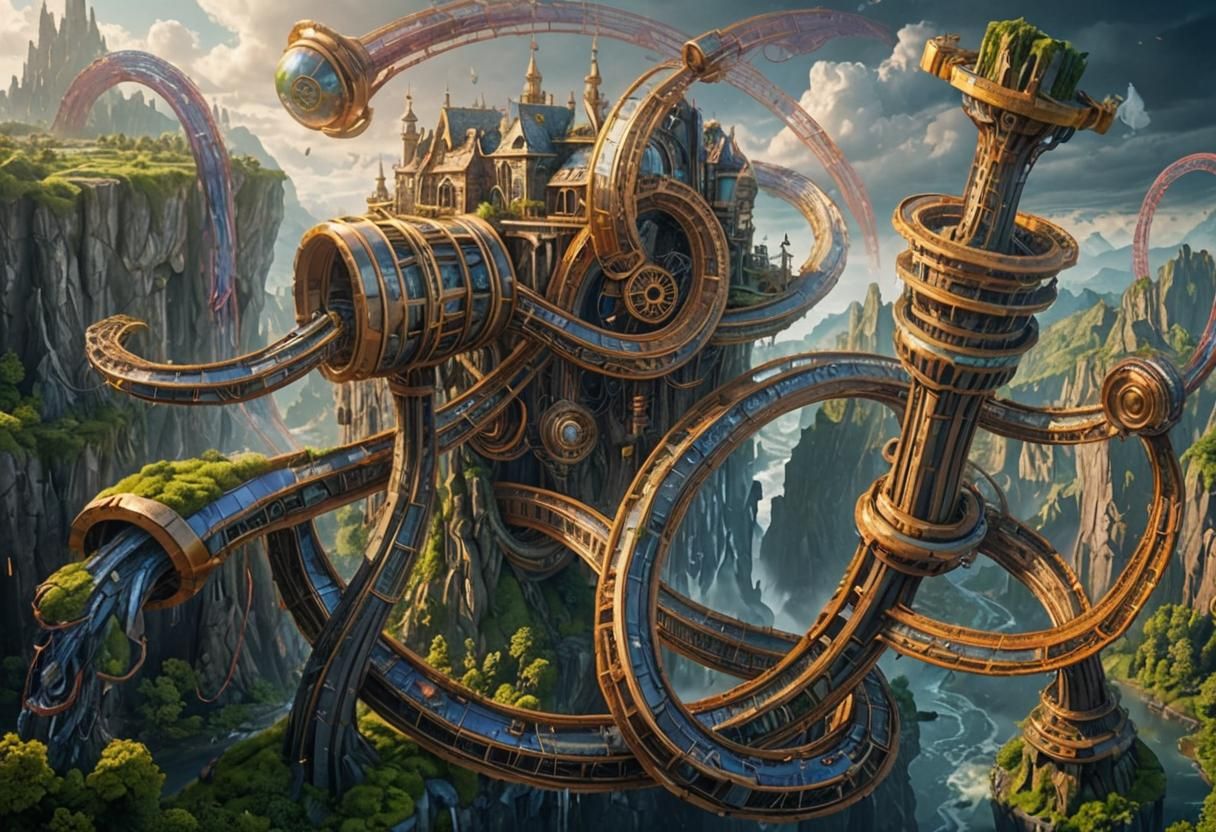 Mecha Citadel Among Celestial Spires in Vibrant Fantasy Aeri...