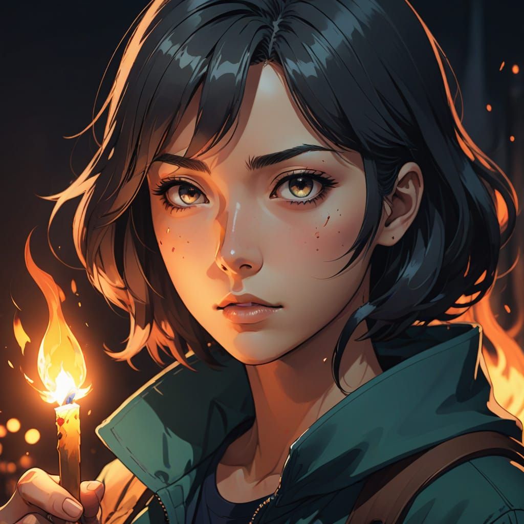 Vibrant Anime Portrait of a Girl Holding a Match in a Dark R...