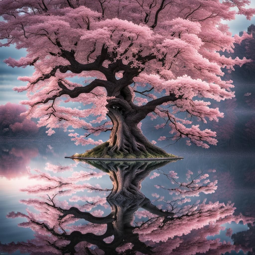 Magic Sakura Tree Portal in Water, Hyperrealistic