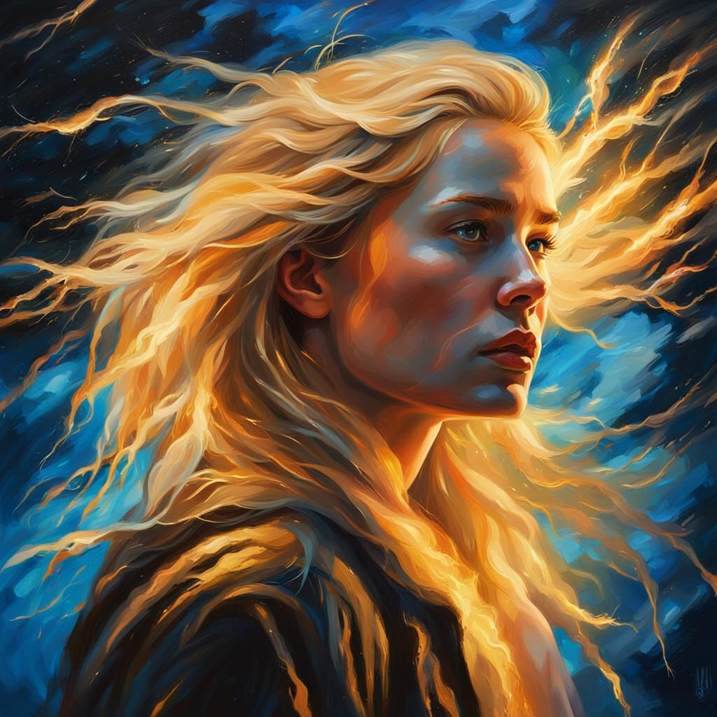 Electric Golden Hair: An Oil Painting Masterpiece
