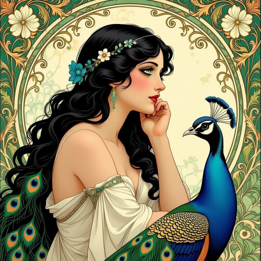 Art Nouveau Aphrodite with Peacock in Painterly Style