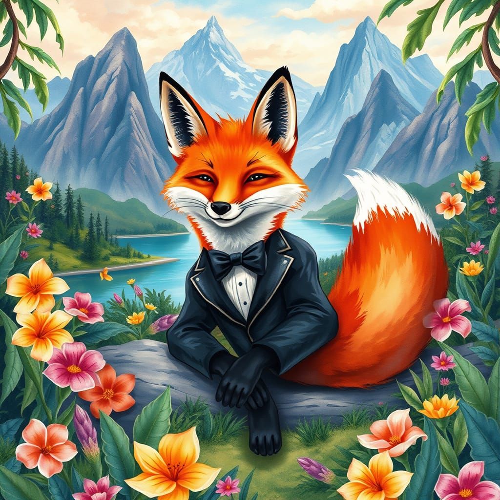 Fox in Tuxedo: Whimsical Jungle Watercolor Illustration