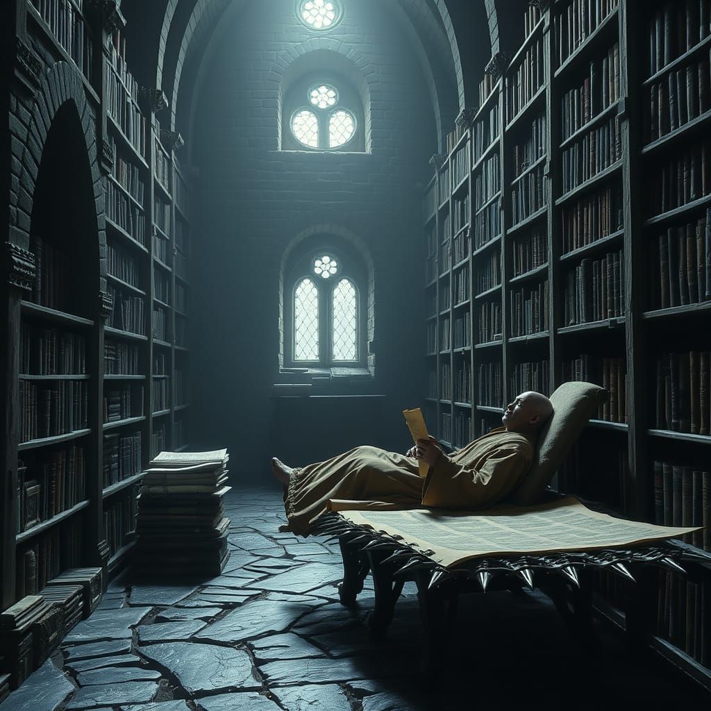 Monk Reading Scroll in Grim Monastery Library