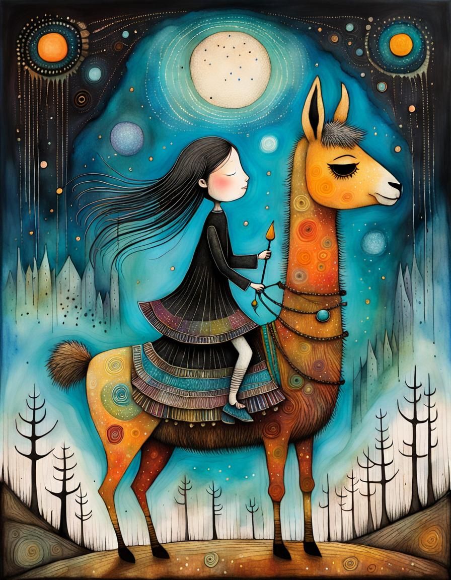 Girl and Llama in Neo-Expressionist Magical Fantasy Style