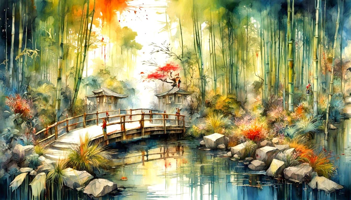 Surreal Japanese Garden Warping Reality in Hyperrealism