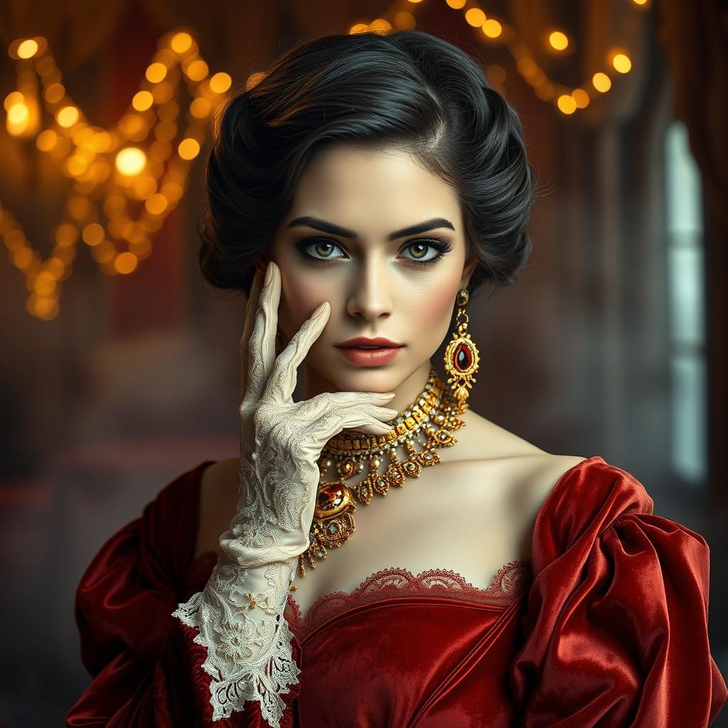 Ethereal Woman in Velvet Gown, Photorealistic Art