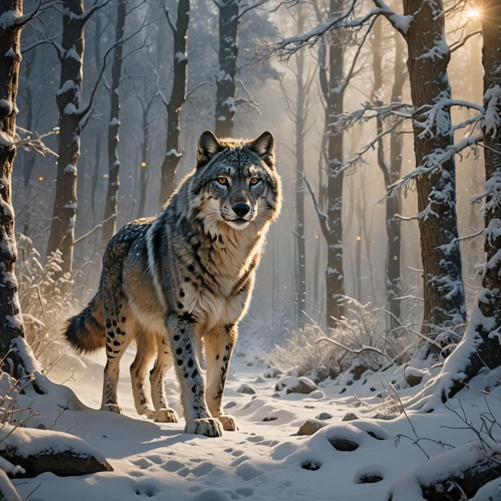 Wolf-Leopard Hybrid in Snowy Forest, Matte Painting