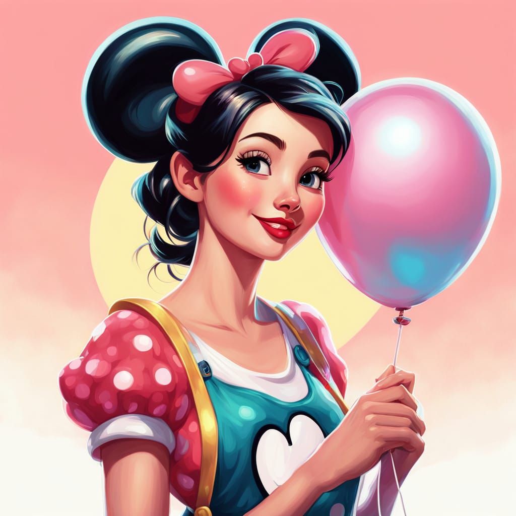 Cute Woman with Mickey Balloon in Disney Style