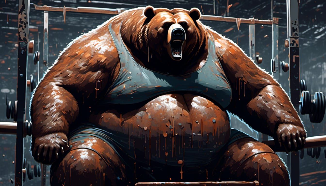 Obese Bear Lifting Weights in Gym Photo