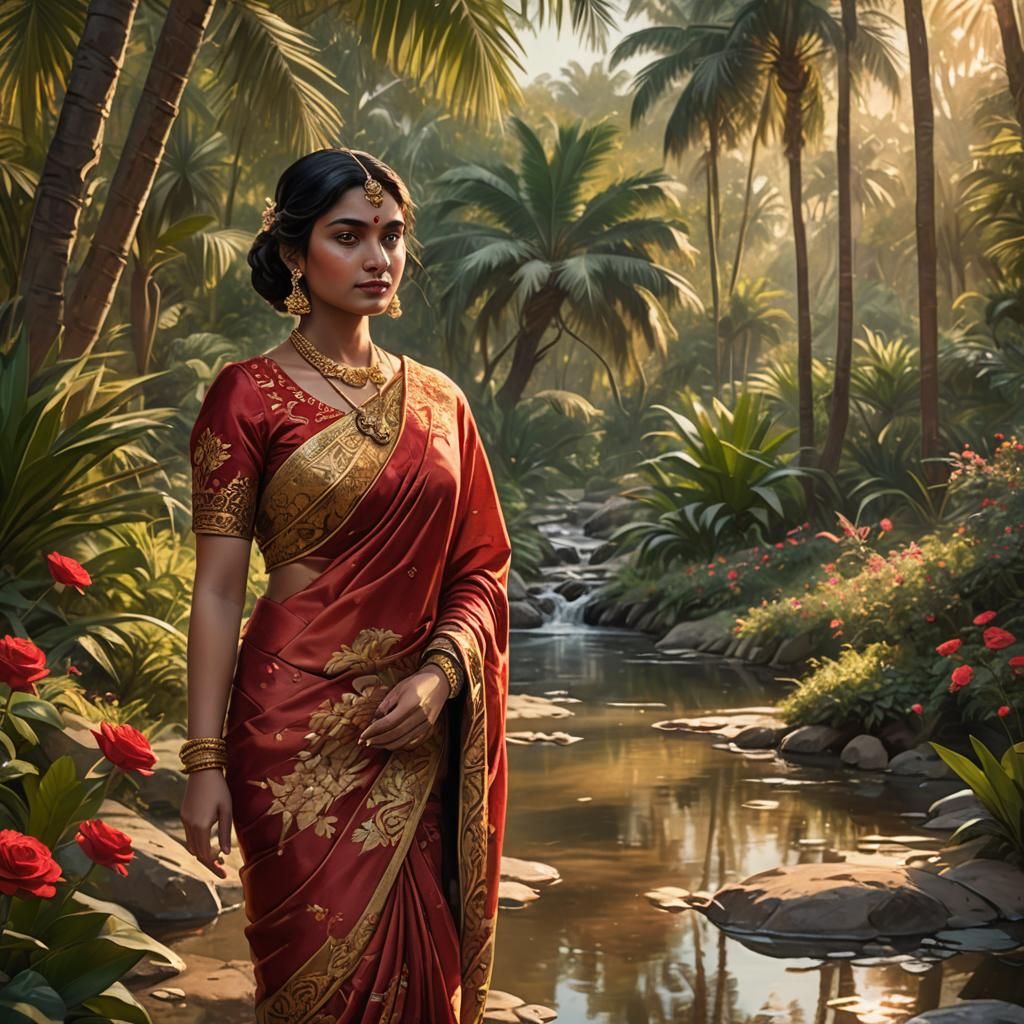 Curvy Queen in Red Sari: Fantasy Art