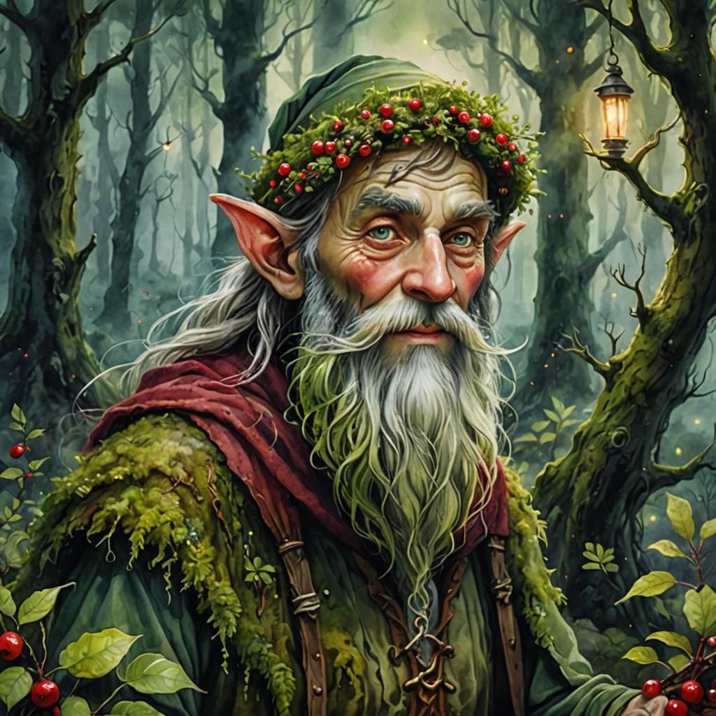 Wise Forest Elf Brews Moss in Watercolor Style