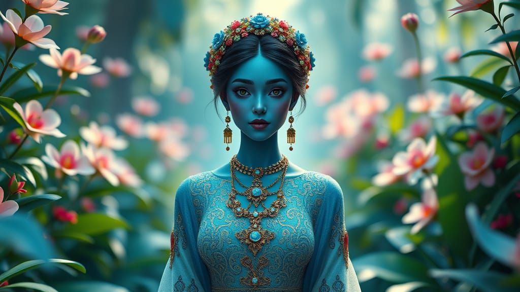 Serenely Adorned Blue Girl in Vibrant Jungle, 3D Rendered wi...