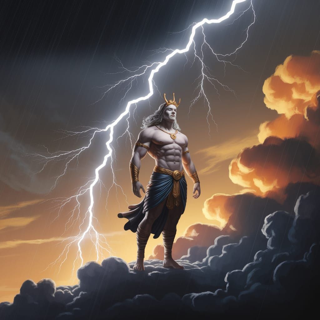 Powerful God of Thunder on Stormy Cloud