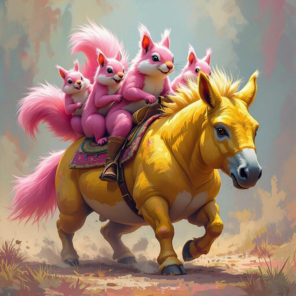 Angry Pink Squirrel Army Rides Giant Yellow Donkey