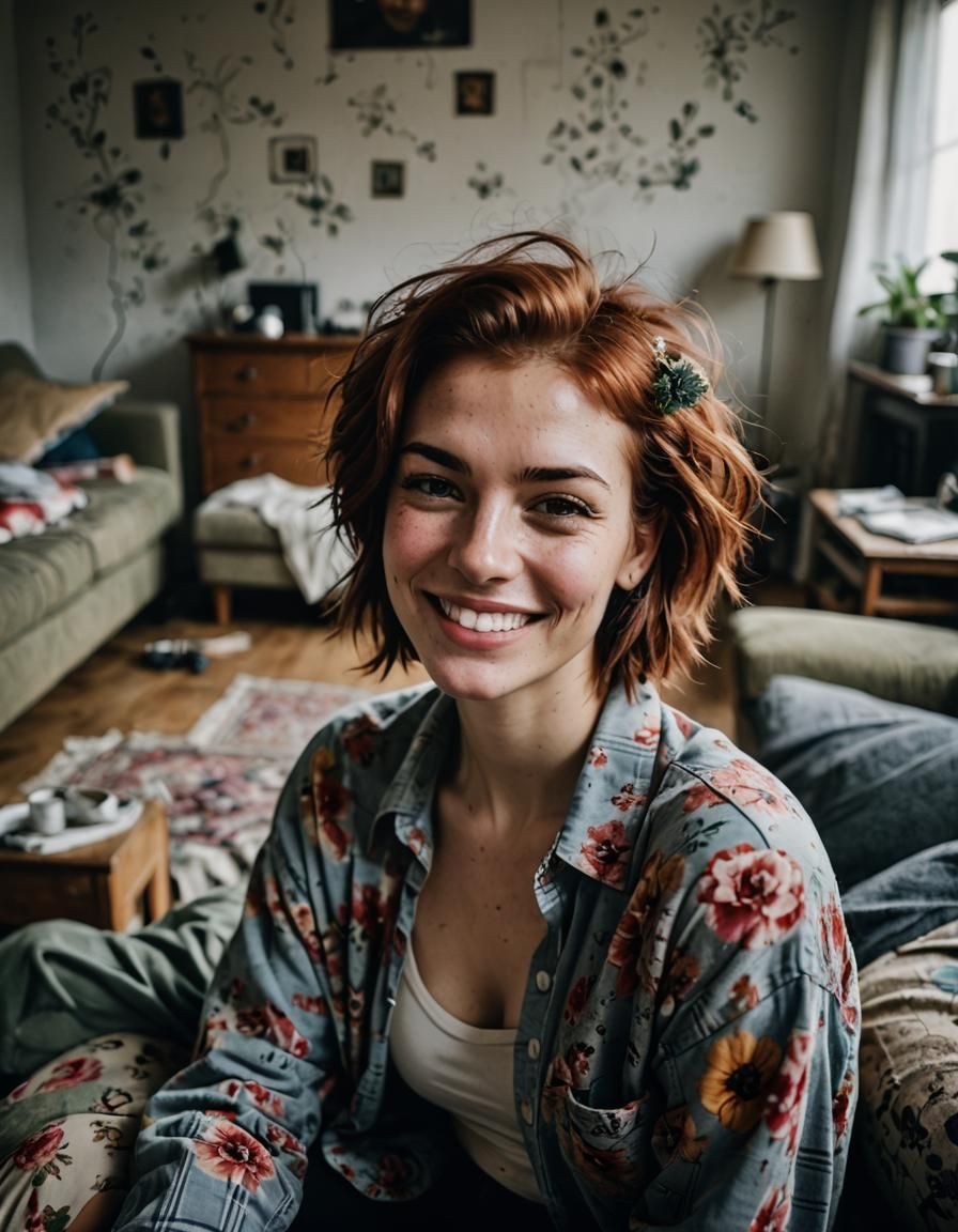 Smiling Woman in Apartment, Ambient Light Portrait