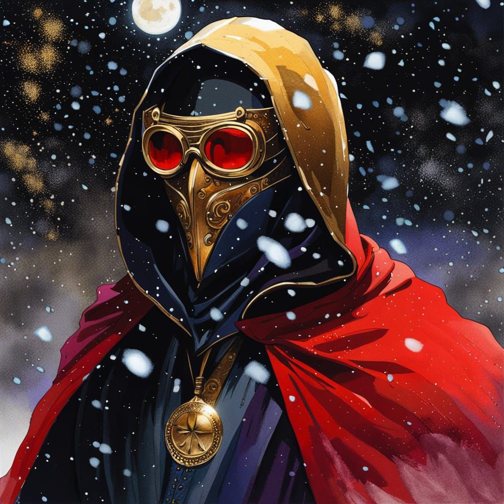 Red Cloaked Figure in Snowy Winter Landscape