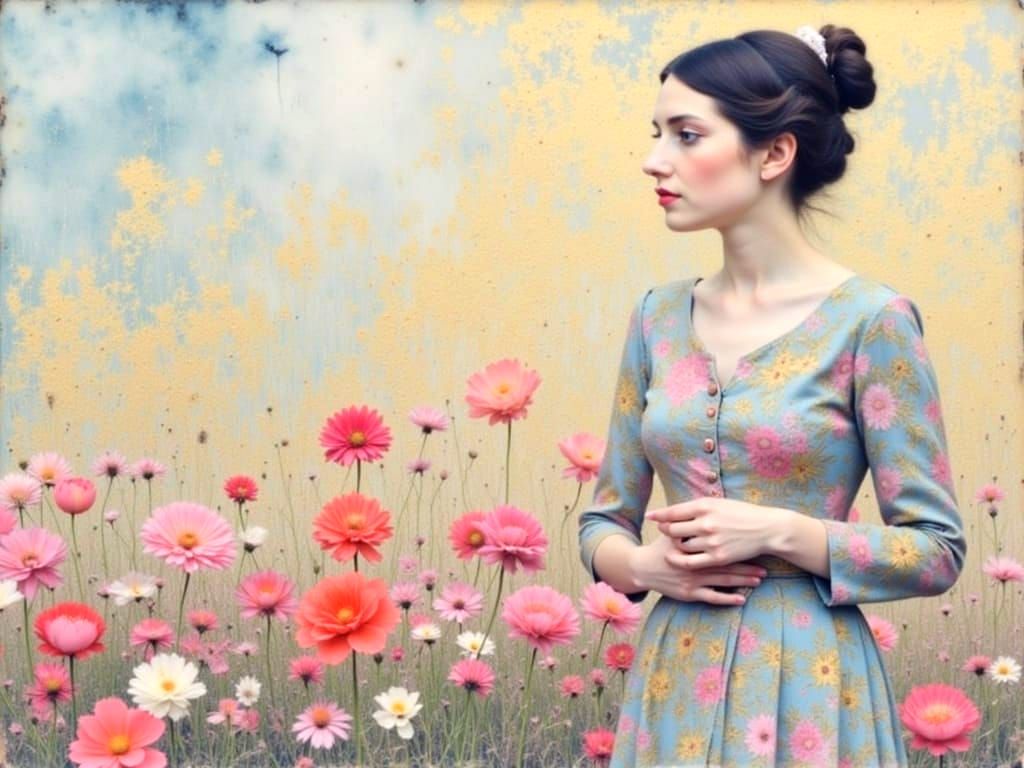 Woman with Floral Background in Klimt Style