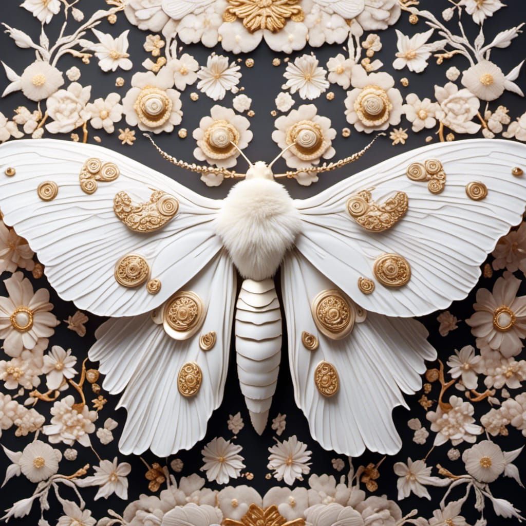Gold-Rimmed Silk Moth on Ornate Japanese Fabric