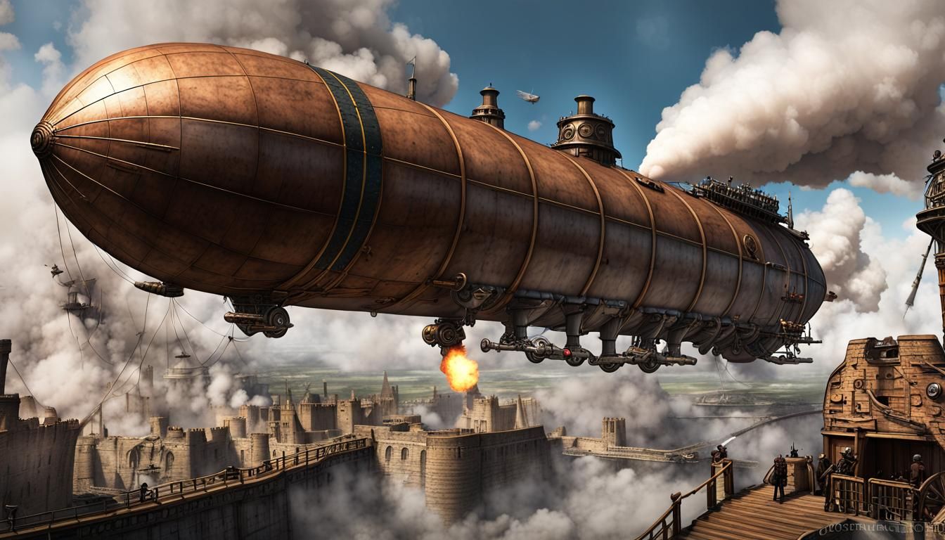 Steampunk Blimp Firing Cannons at Fort