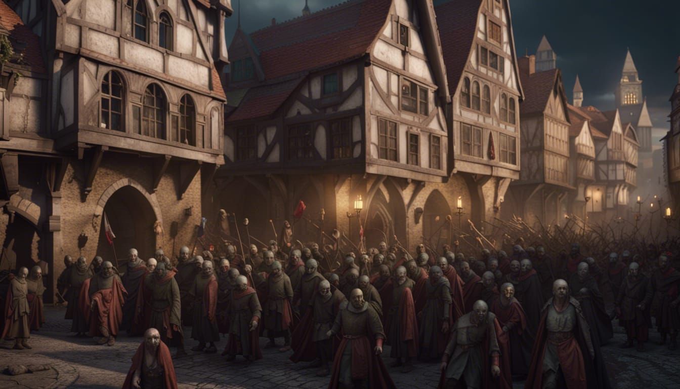 Zombie Horde in Medieval City: 8K Matte Painting