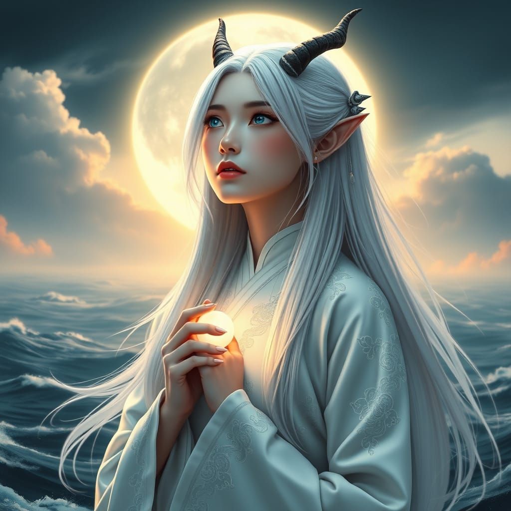 Ethereal Fantasy Goddess with Dragon Horns in Dreamlike Seas...