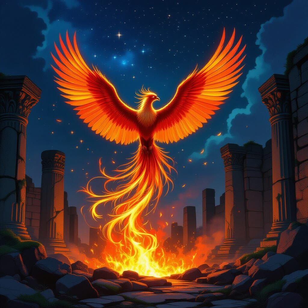 Phoenix Rising from Embers in Fantasy Temple Ruins