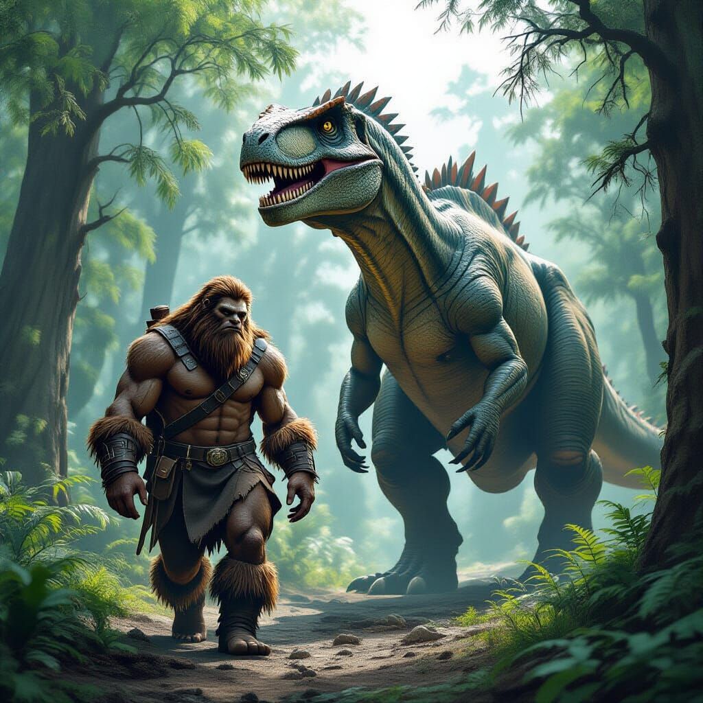 Bigfoot and Dinosaur in Prehistoric Forest