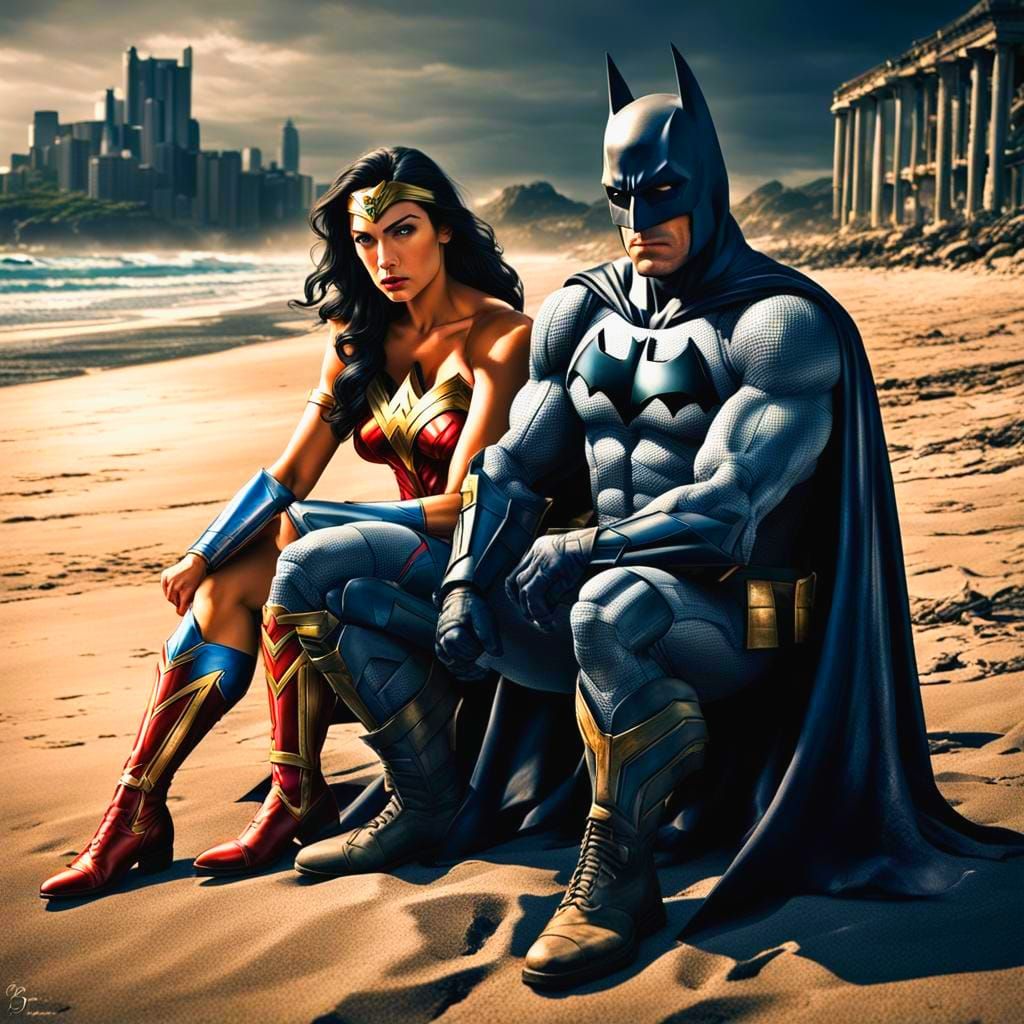 Batman and Wonder Woman Relaxing on a Beach