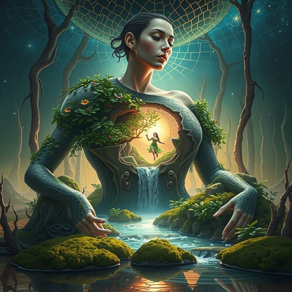 Vast, Arid Landscape Transformed by a Serene, Humanoid Figur...