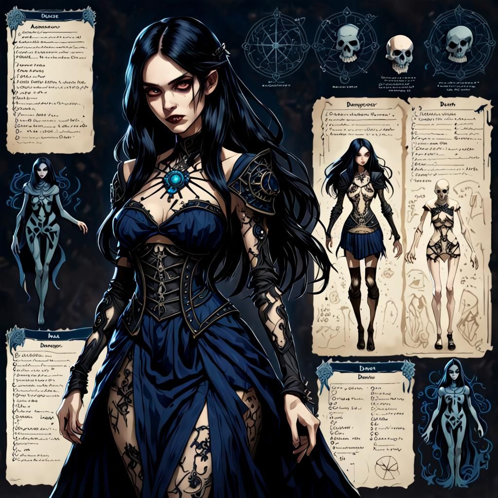 D&D Female Necromancer Character Sheet in Dollcore Style