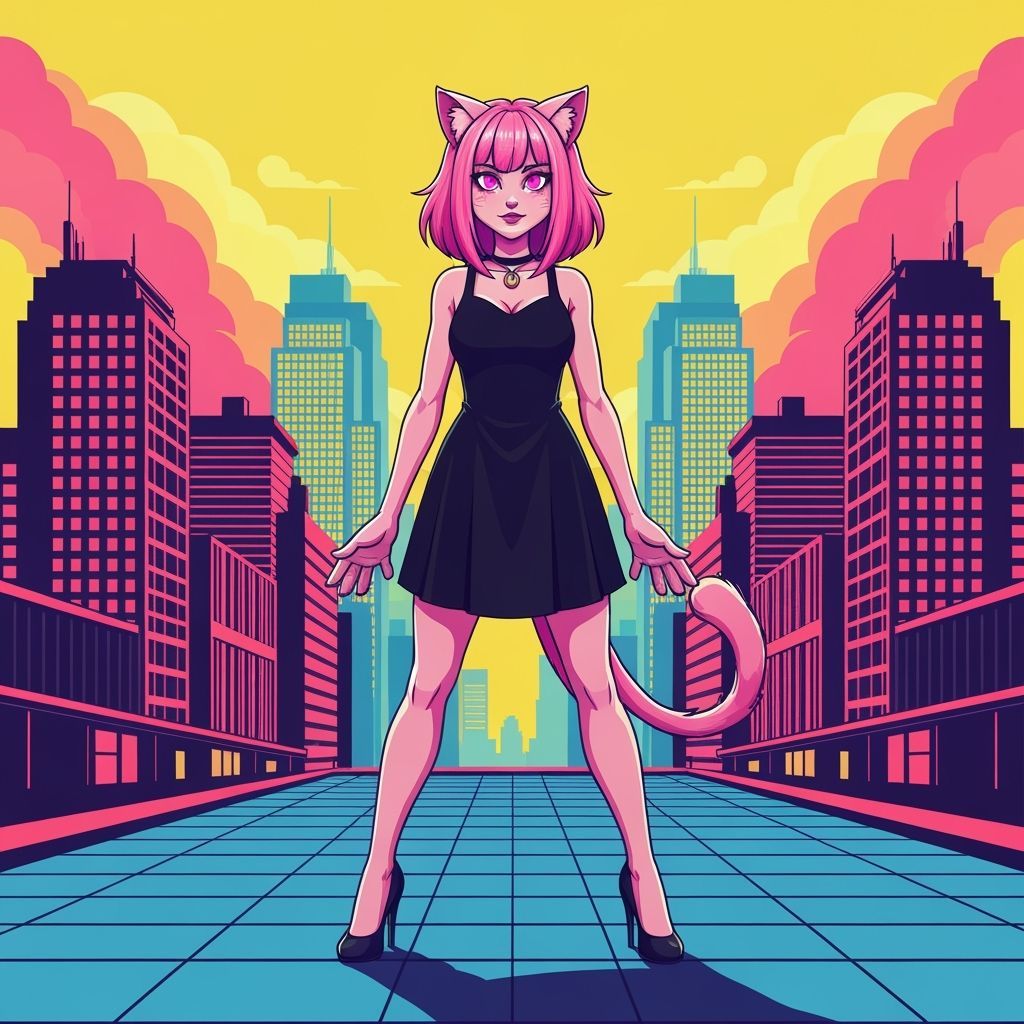 Pop Art Catgirl in Cityscape with Triadic Colors