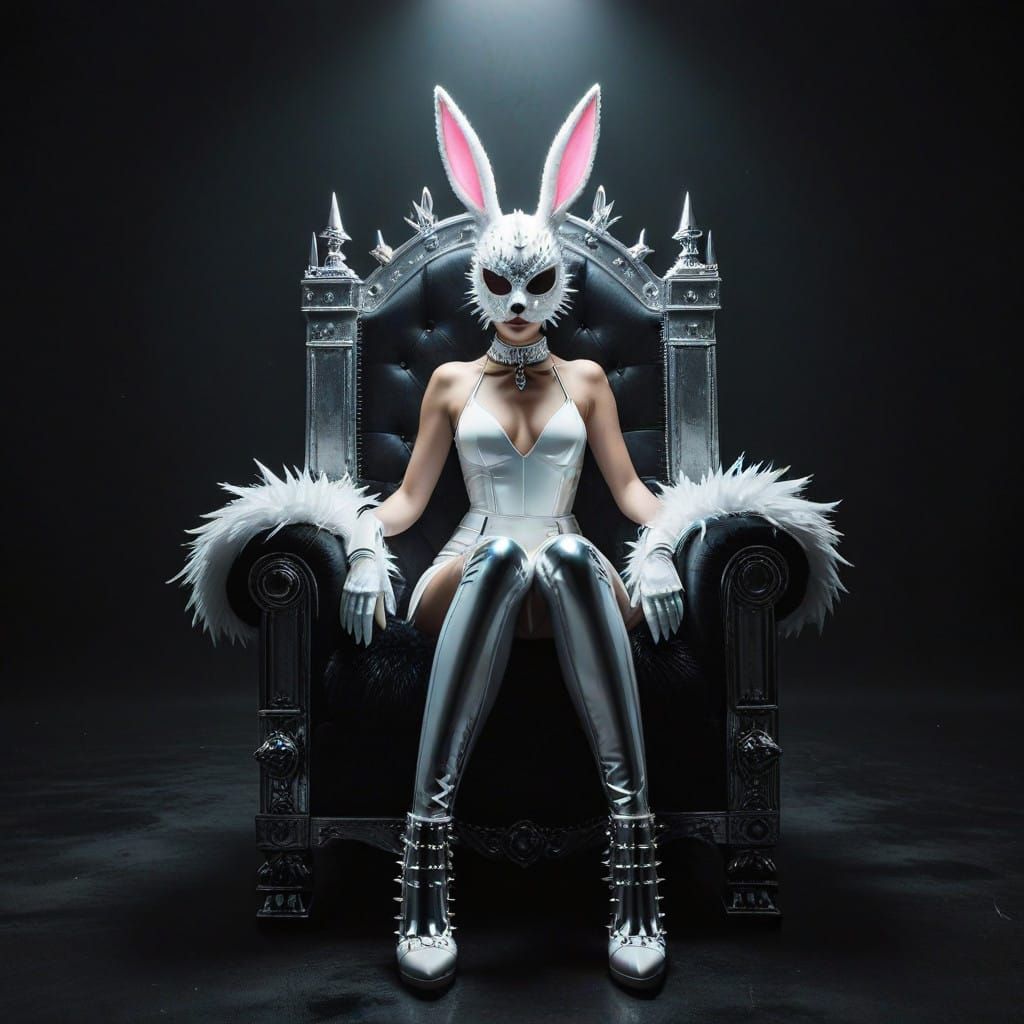 Cyberpunk Goddess in Chrome and White Patent Leather Sits Re...
