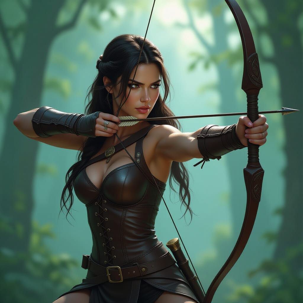 Female Archer Drawing Bow in Misty Forest