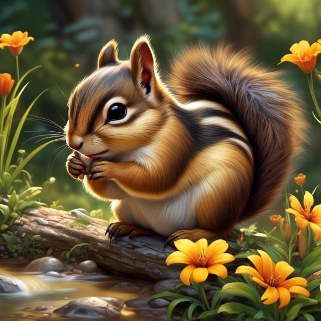 Sparkling Chipmunk in Spring Woods, Intricate Art