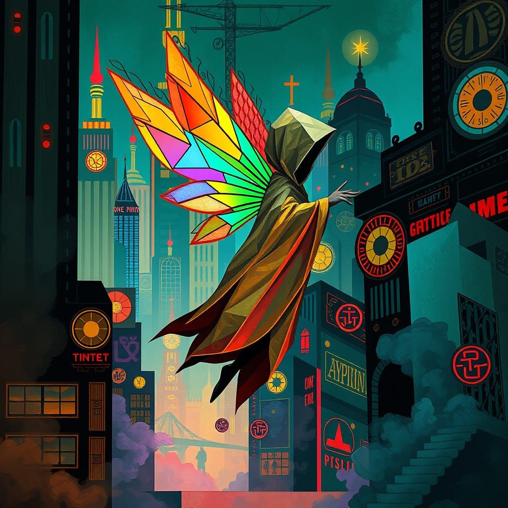 Geometric Fairy in a Neon Cityscape