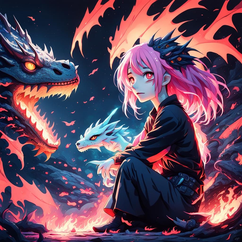 Girl and Dragon in Vibrant Manga Style