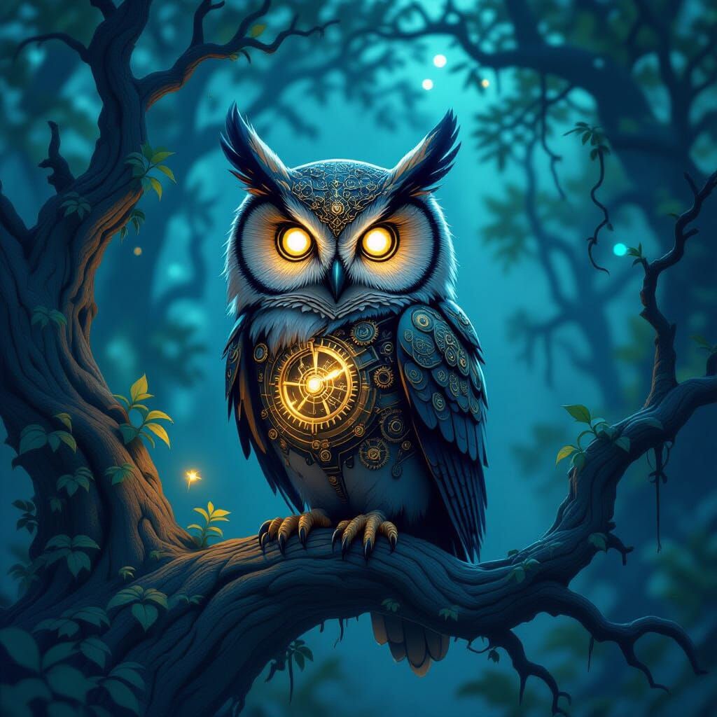 Steampunk Clockwork Owl in Twilight Forest