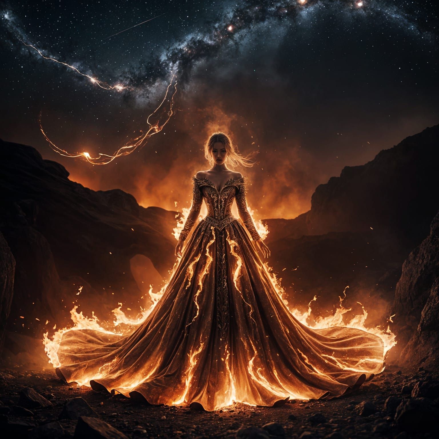 Woman in Fiery Dress at Night