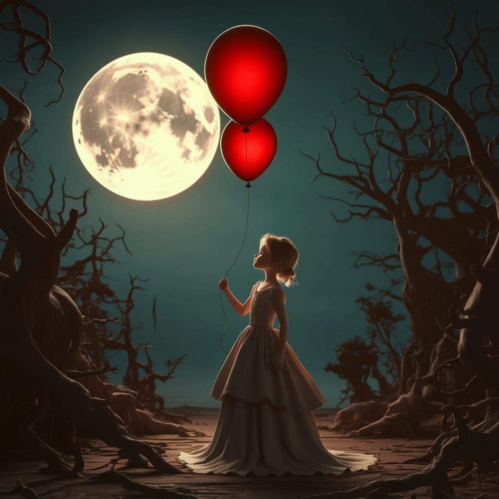 girl with red balloon, night, moon, extremely detailed backg...