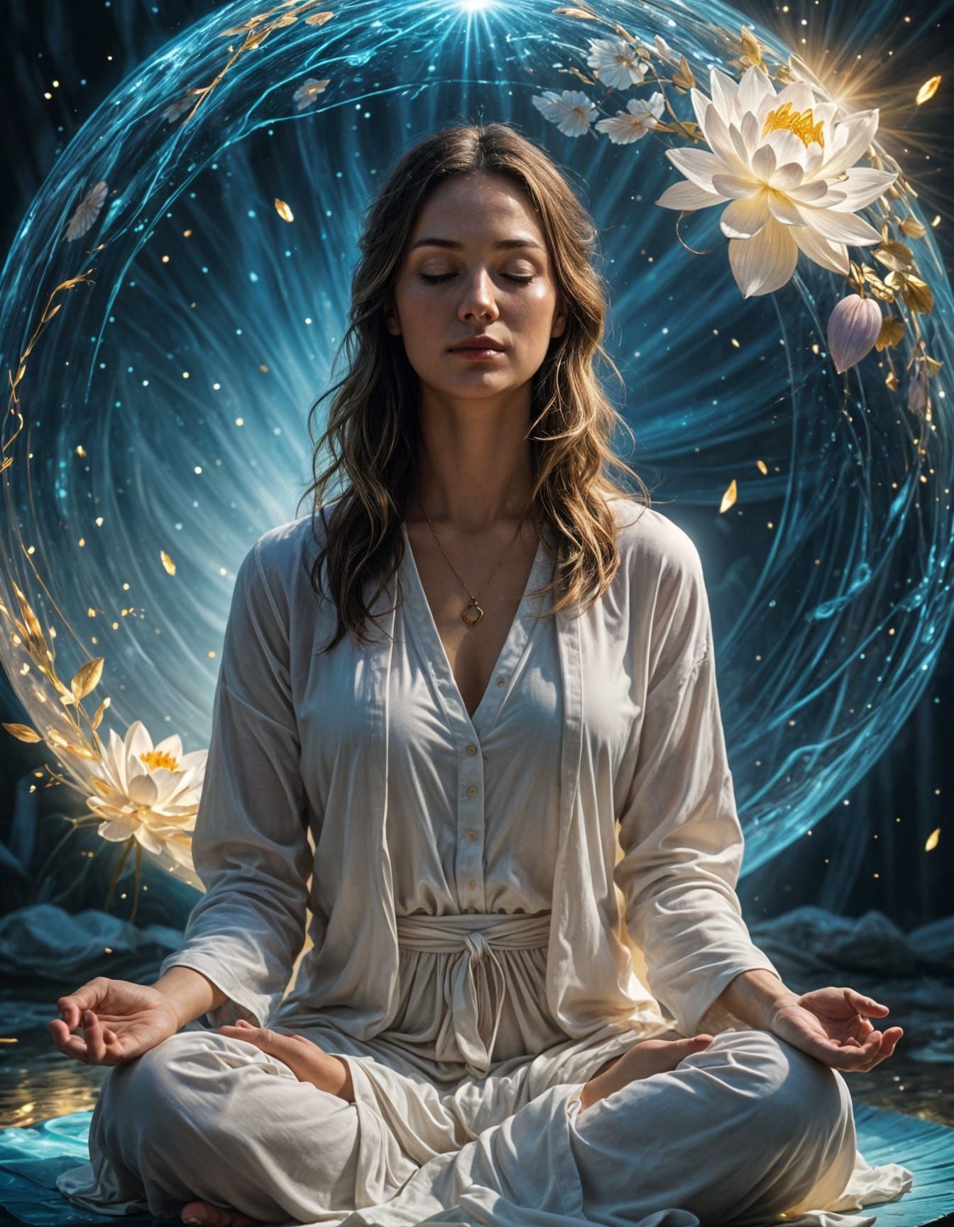 Ethereal Woman Meditating in Luminous Blue Sphere