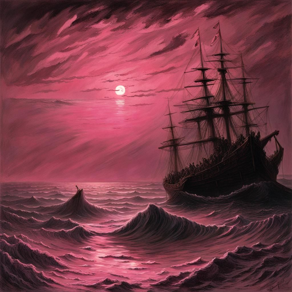 Pink Ocean at Night in Dark Fantasy Style
