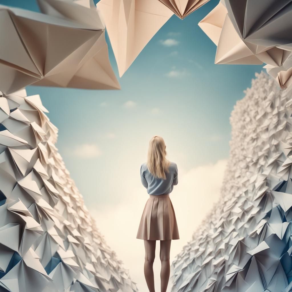 Blonde Woman Gazing Skyward with Origami Papercraft
