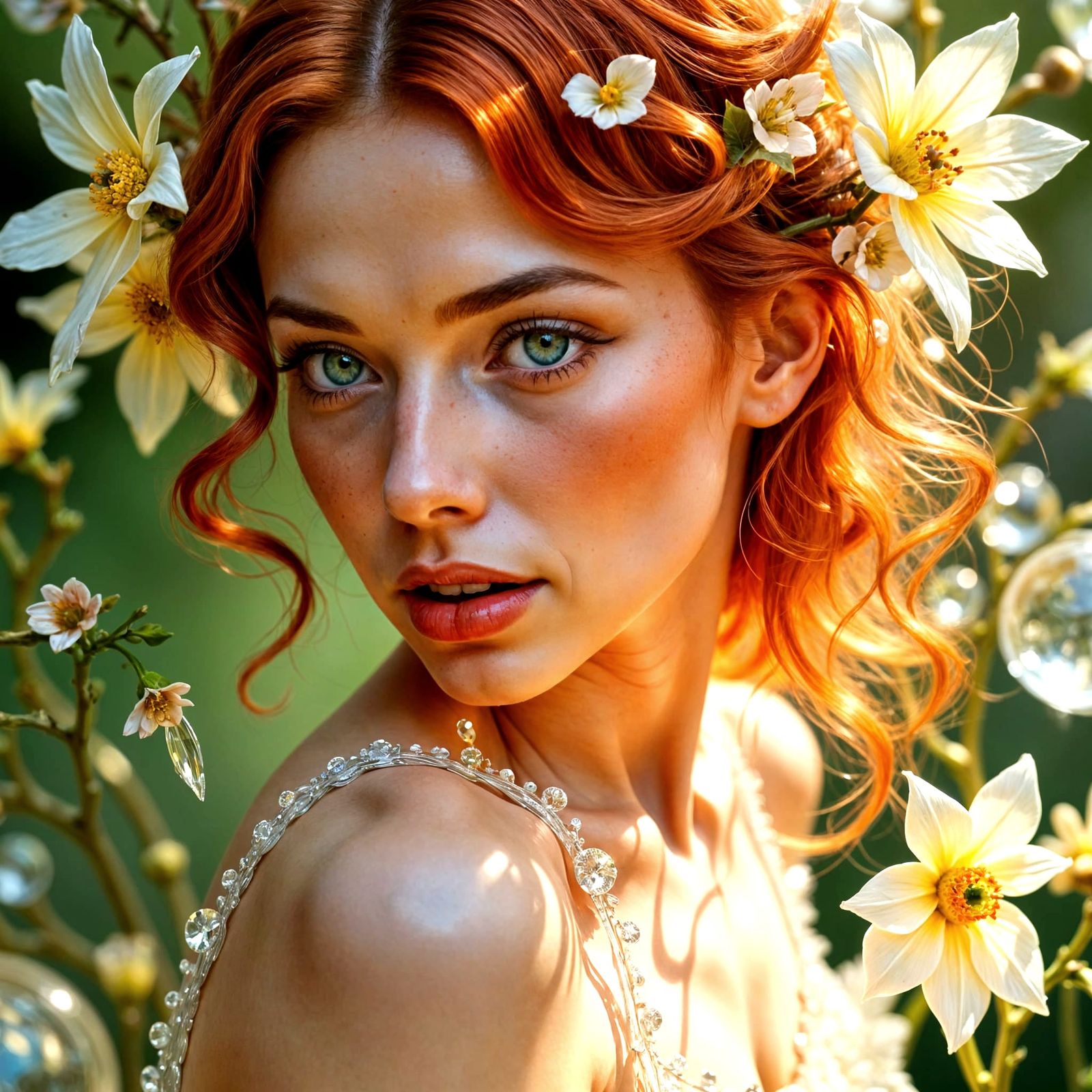 Stunning Red-Haired Woman in a Whimsical, Citrus-Inspired Ar...
