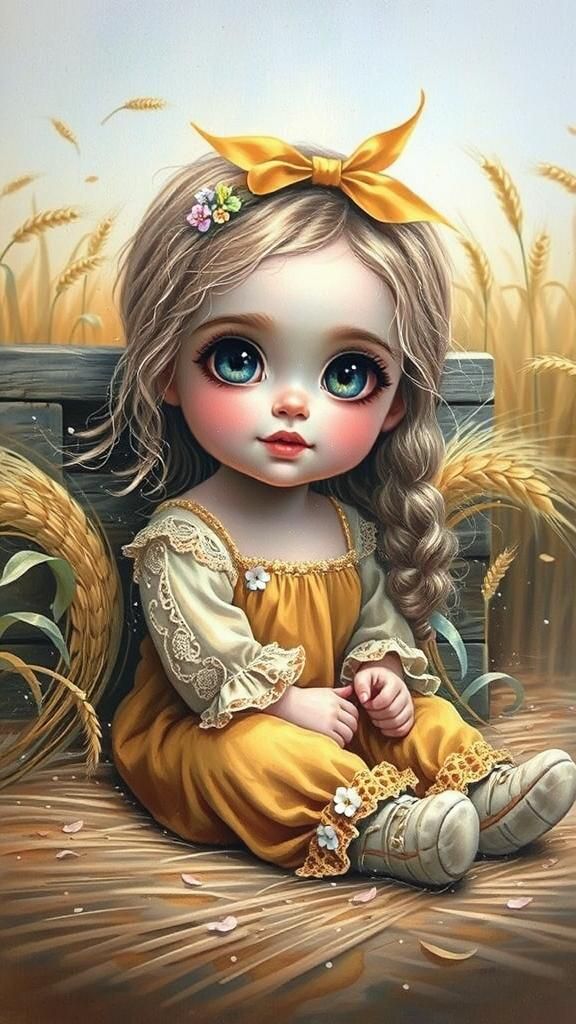 Girl Twirling in Wheat Field, Impressionistic Style