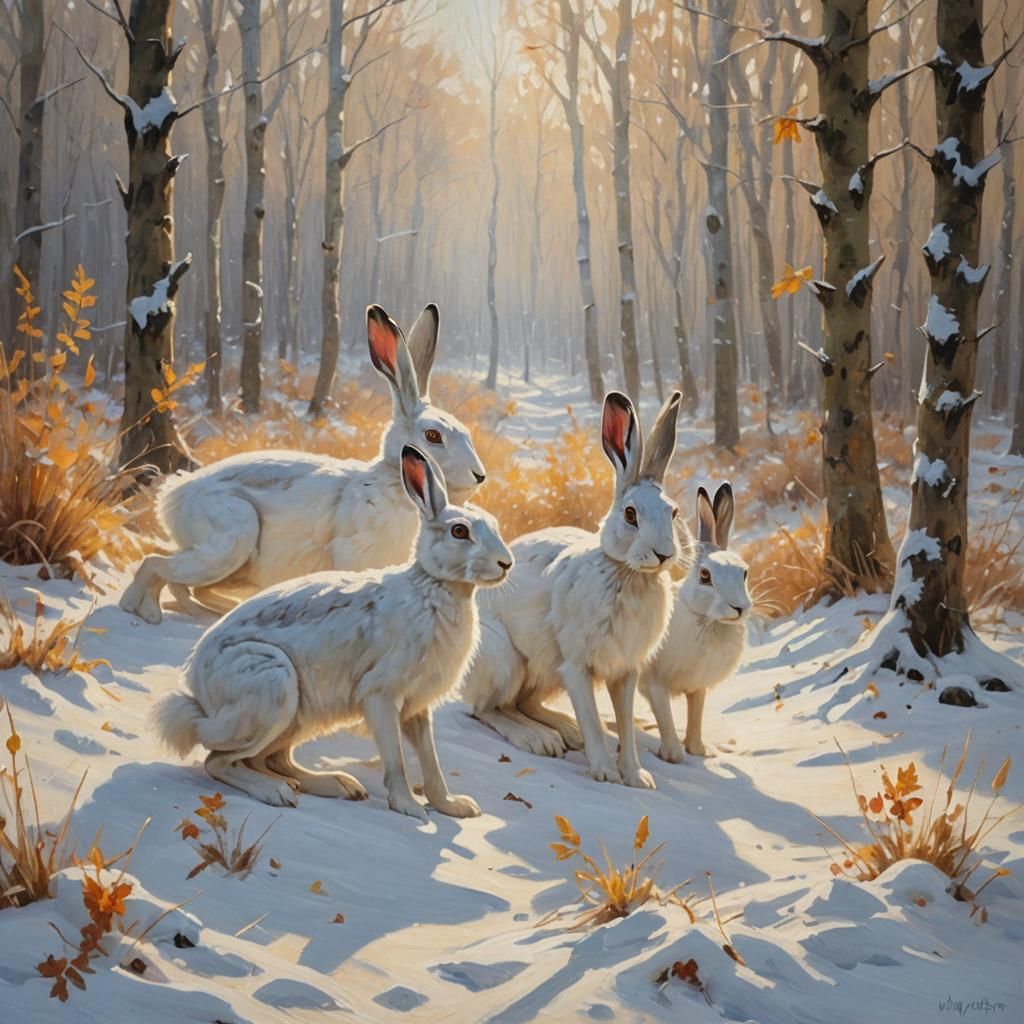 Snow Hares Playing in Autumn Forest as Impressionist Oil Pai...