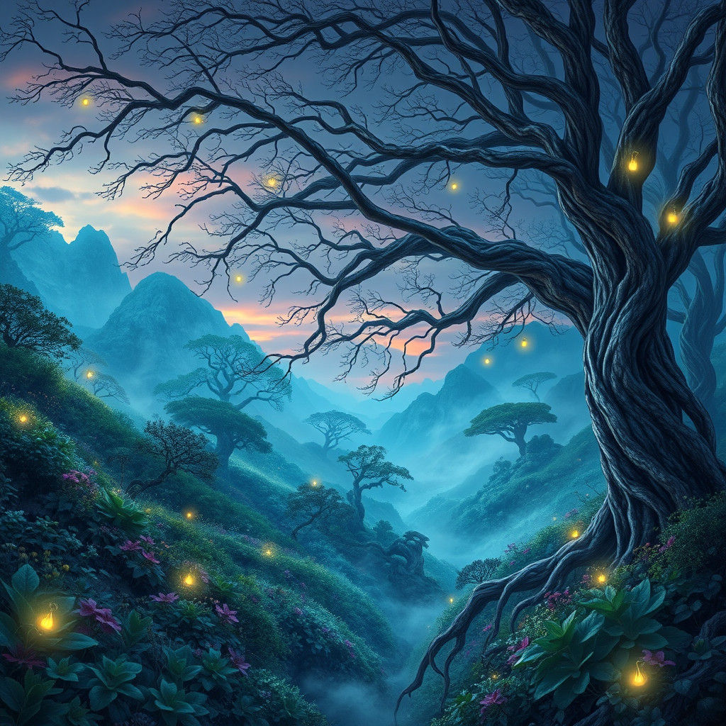 Mystical Valley Aglow at Dusk in Dreamlike Landscape