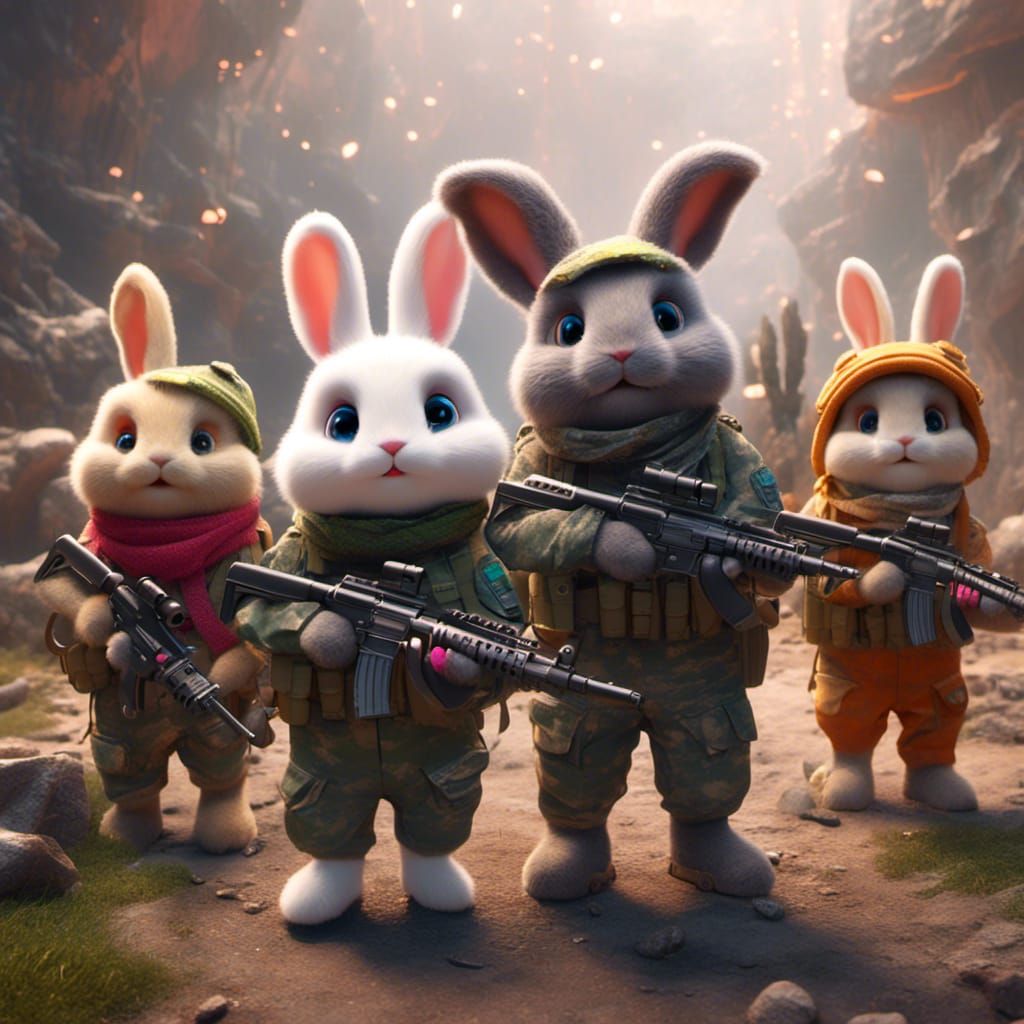 Fuzzy Bunnies in Military Camouflage: Detailed Matte Paintin...