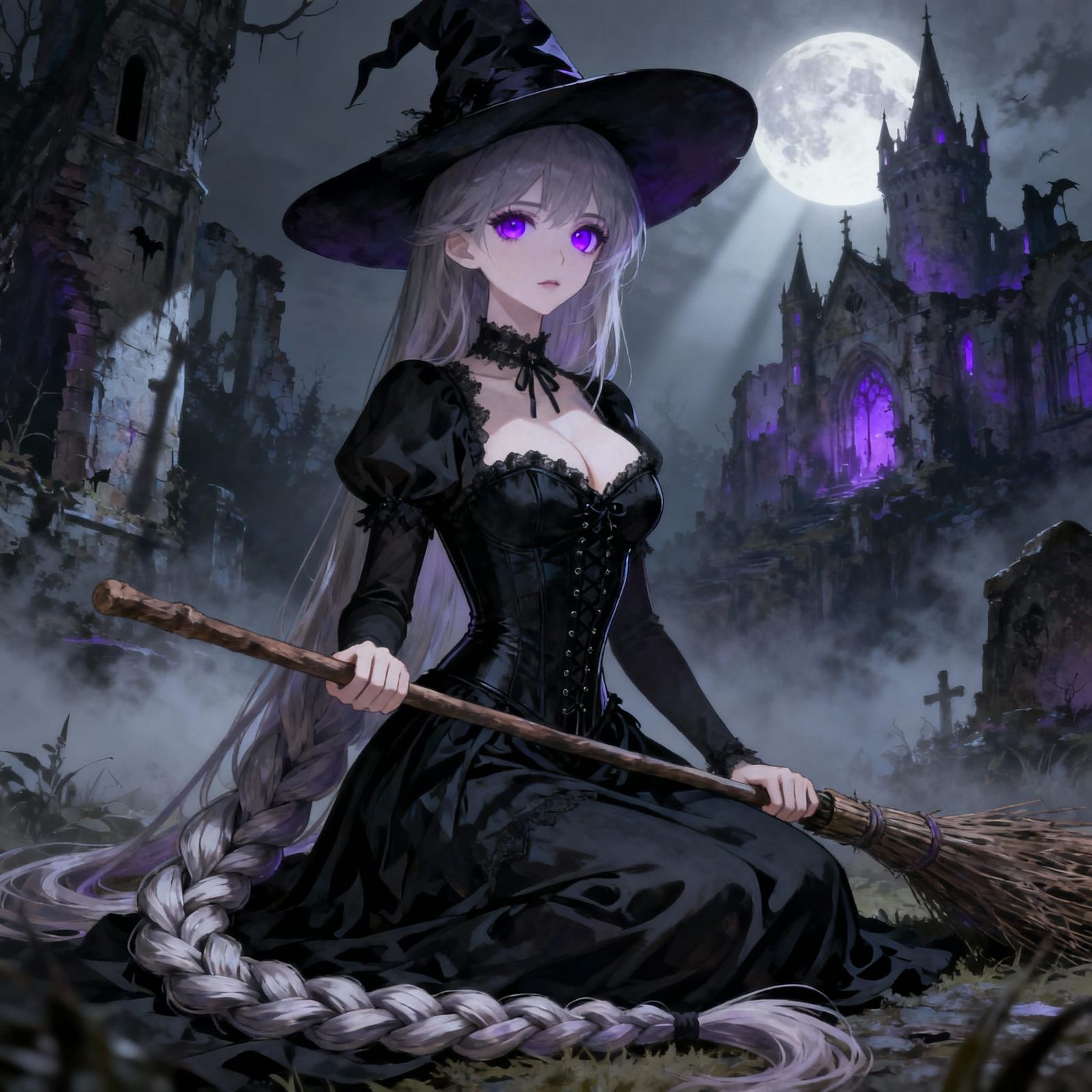 Mysterious Anime Woman in Gothic Castle Setting